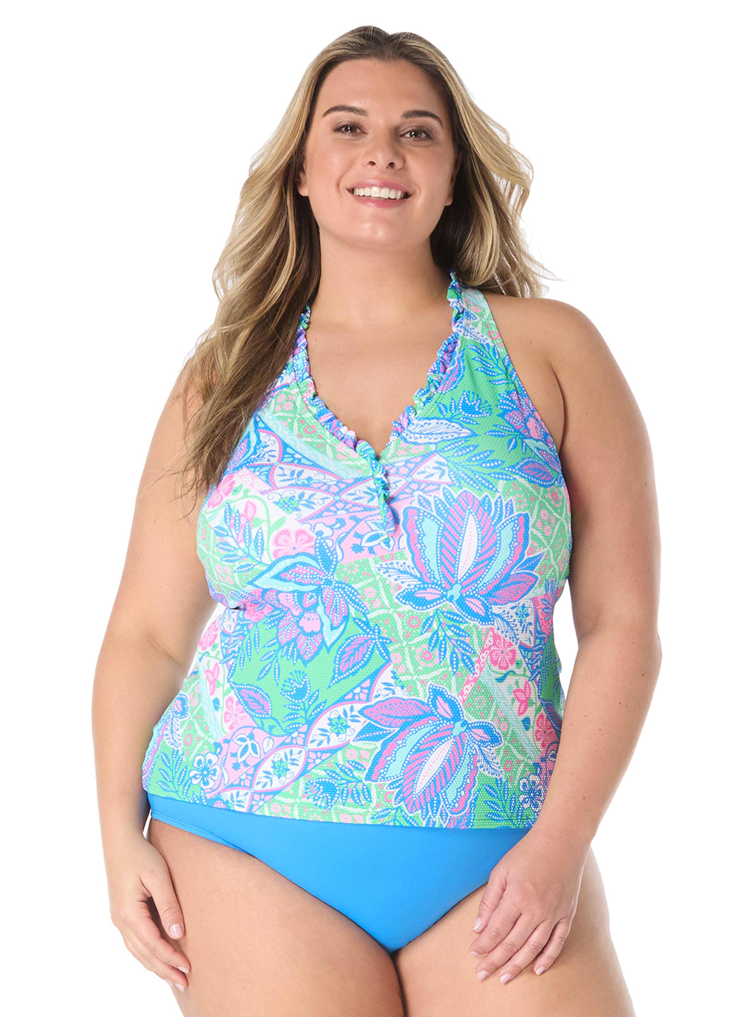 Beach House Women's Plus Size Estate Mosaic Pique Nina Ruffle Neck Tankini Top、mySite、noshort