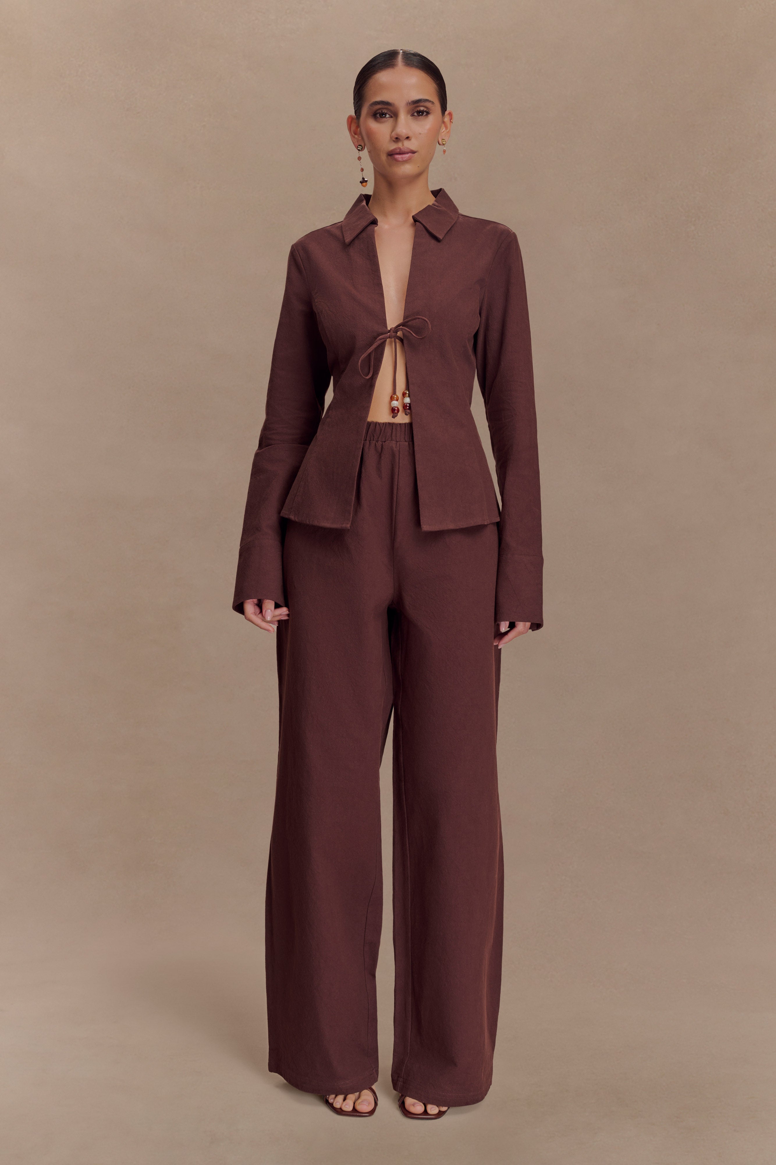 Annalee Cotton Beaded Tie Shirt - Dark Espresso、mySite、solidvoid