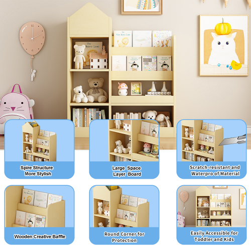 Wood Kids Wooden Bookshelf Toy Storage Organizer with Bookcase, Kid's Bin Storage Unit with 6 Compartments 2 Baskets Bins Toys Box Organizer, Children Multi Shelf Cubby for Books, Toys Shelf、、casual