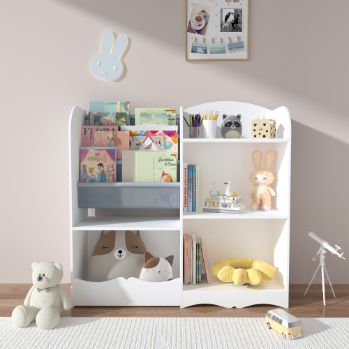 Kids Bookcase and Bookshelf, Multifunctional Bookcase with 3 Collapsible Fabric Drawers, Bookcase Display Stand, Toy Storage Organizer for Bedroom, Playroom, Hallway (White/Pink)、、casual