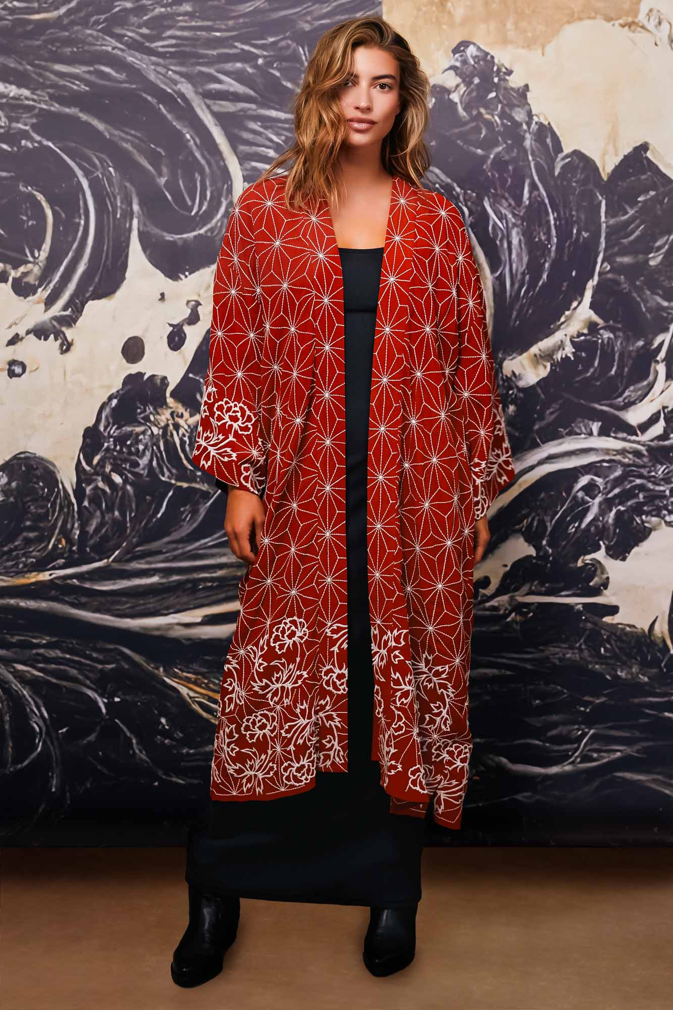 Asanoha & Peony Embroidered Fully Lined Terracotta Fully Lined Long Kimono、mySite、bengalsvssteelers