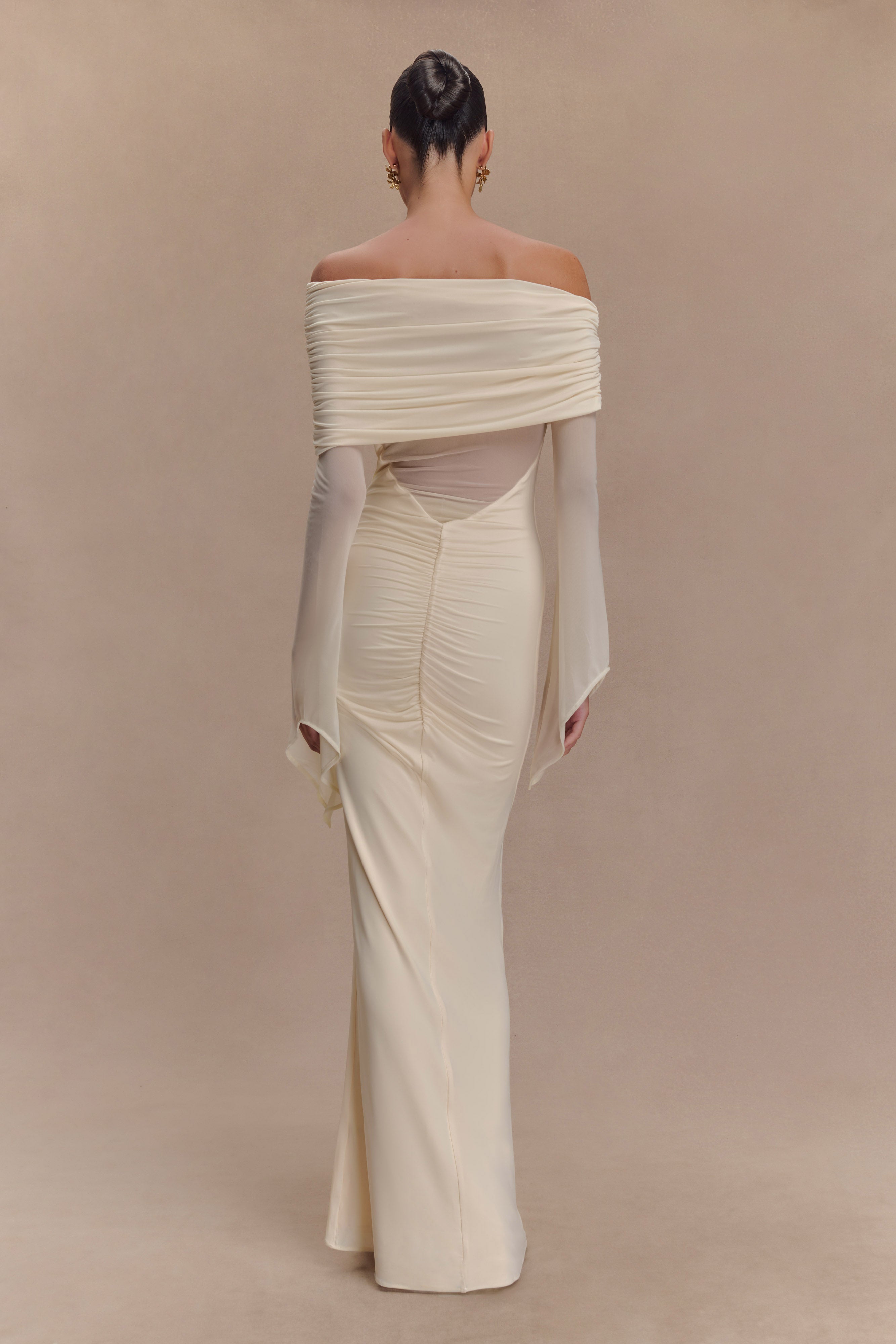 Kaitlin One Shoulder Slinky And Mesh Maxi Dress - Ivory、mySite、solidvoid