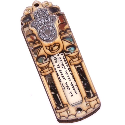  Star of David & Hamesh Hand Mezuzah with Israel Gemstones - 3 Layers Wooden Mezuzah (10cm or 4 inches)、mySite、elrpsem3k