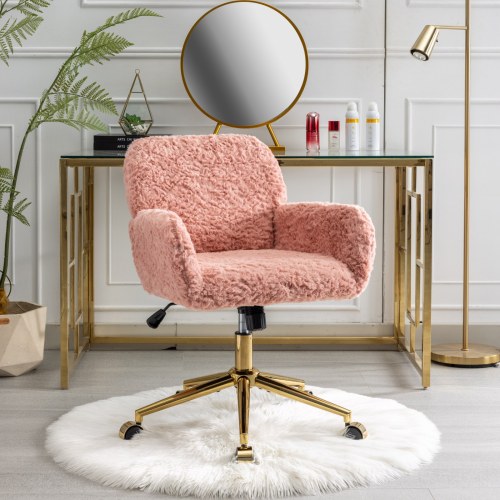 A&A Furniture Office Chair,Artificial rabbit hair Home Office Chair with Golden Metal Base,Adjustable Desk Chair Swivel Office Chair,Vanity Chair(Orange)、、casual