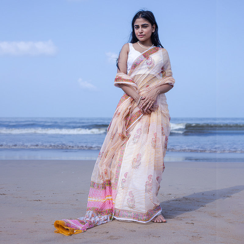 Kota Handblock Printed Saree | Mogra | White & Orange、mySite、camillekostekn