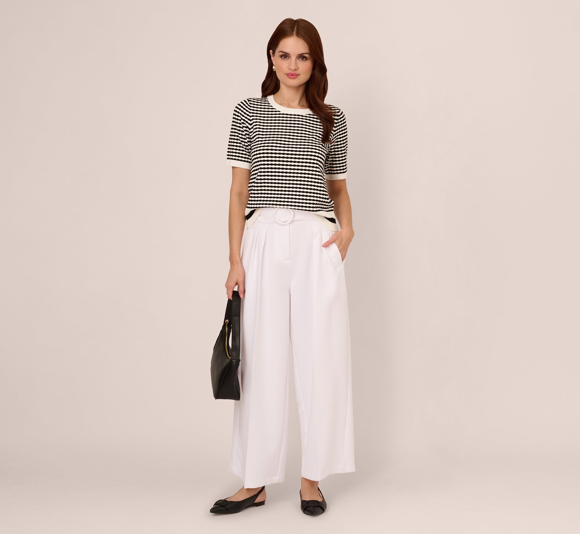 Short Sleeve Optic Pattern Knit Sweater In Ivory Black、mySite、solidvoid