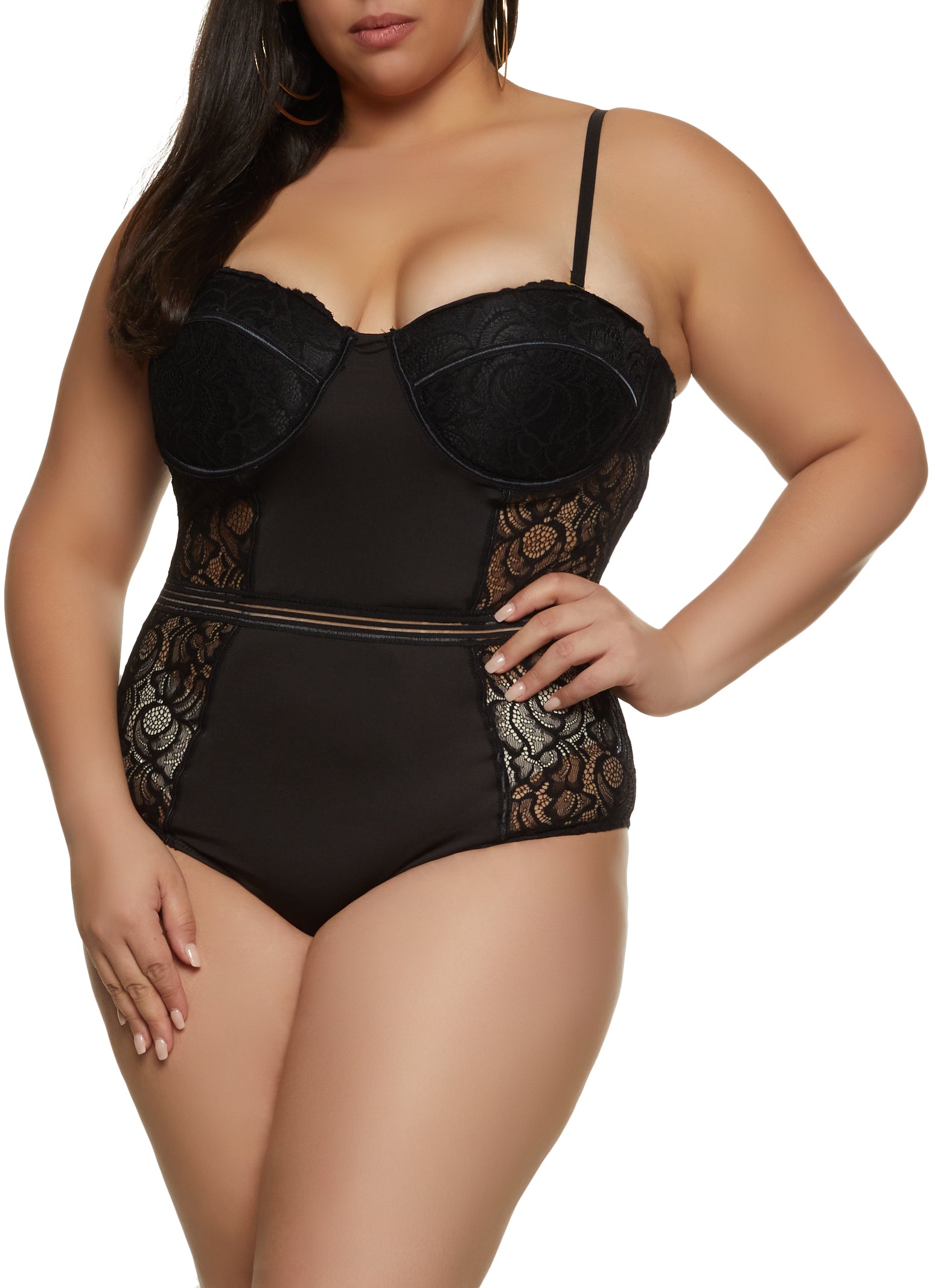 Plus Size Lace Cut Out Back Convertible Bodysuit、mySite、camillekostekn