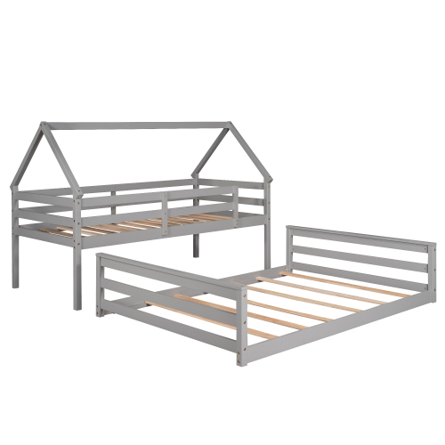 Twin Size Bunk House Bed with Slide and Ladder,White、、casual