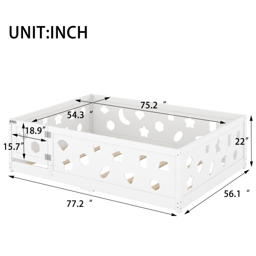 Twin Size Floor Bed with Heightened Safety Guardrails and Door, Solid Wood Bedframe with Rails for Girls, Boys, Teens, Child Bedroom, Kids Playroom, No Slats Included, White、、casual