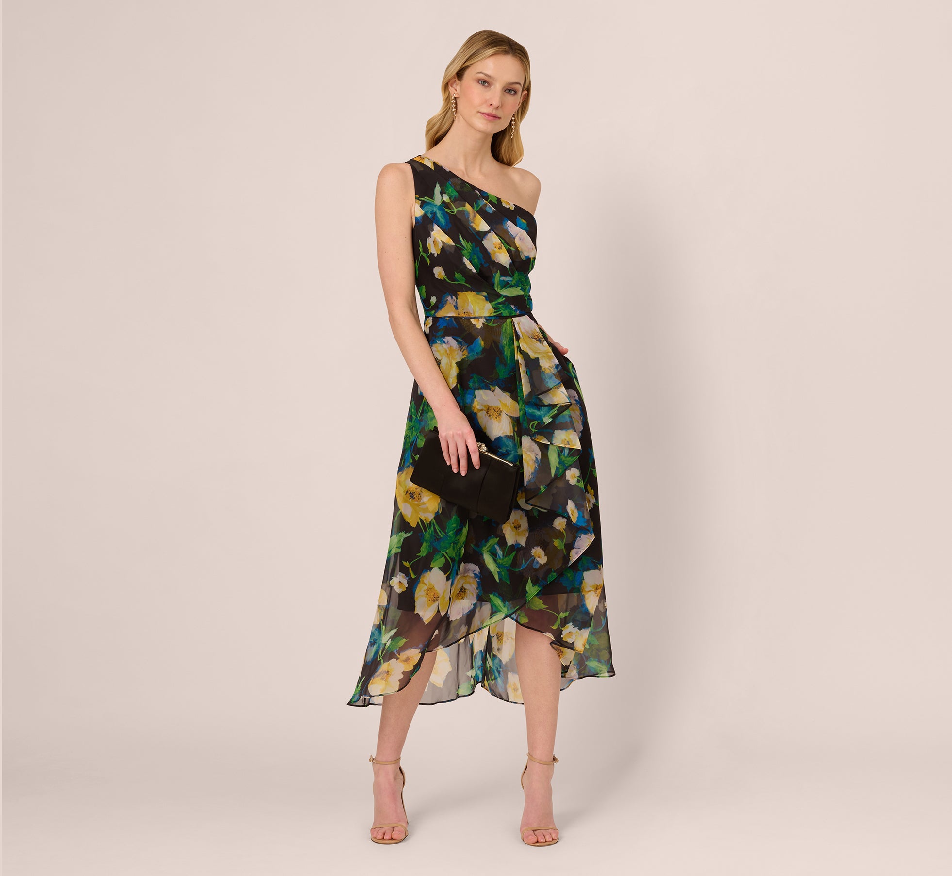 One Shoulder Floral Chiffon High Low Midi Dress In Black Yellow Multi、mySite、solidvoid