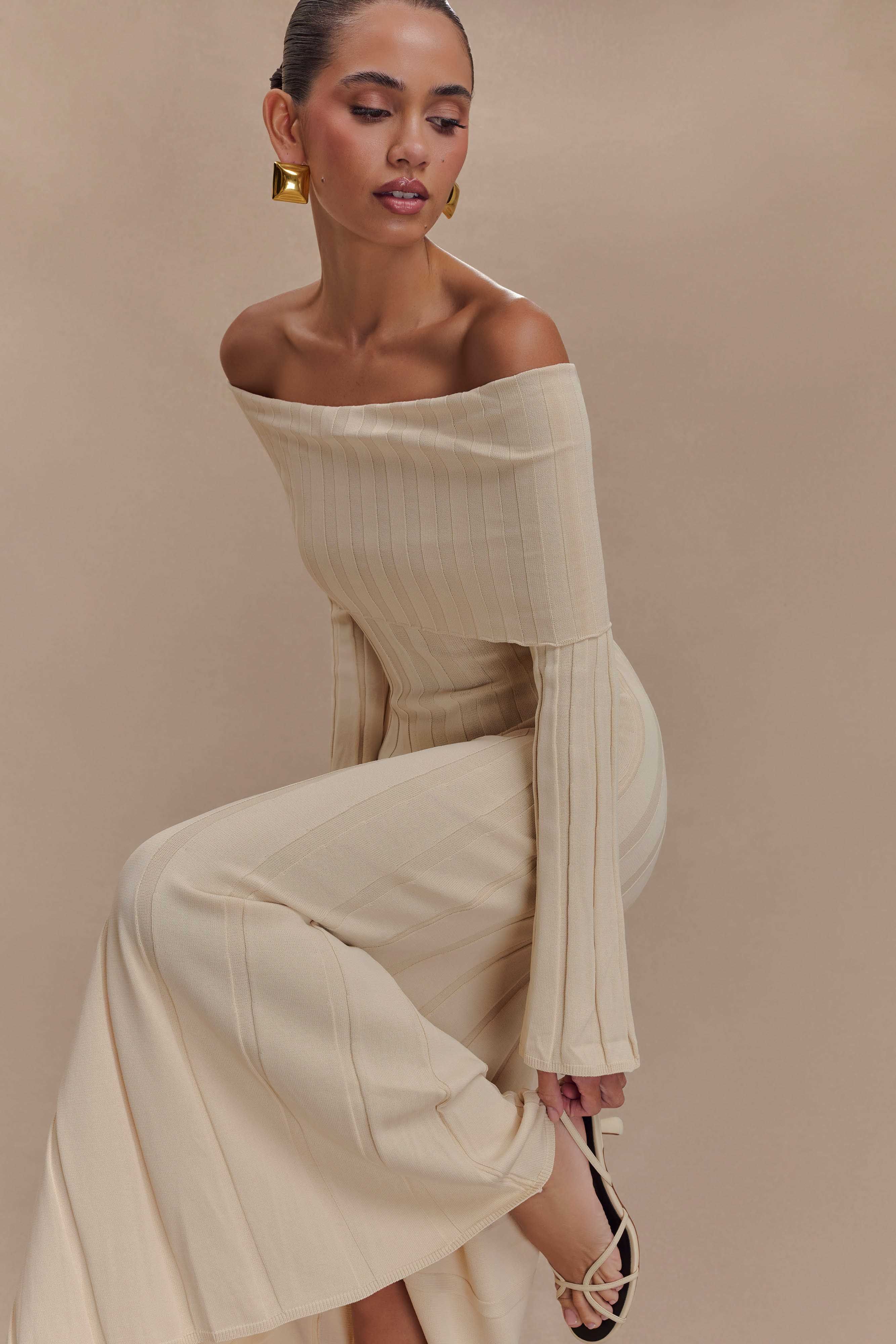 Alonza Long Sleeve Knit Midi Dress - Cream、mySite、solidvoid