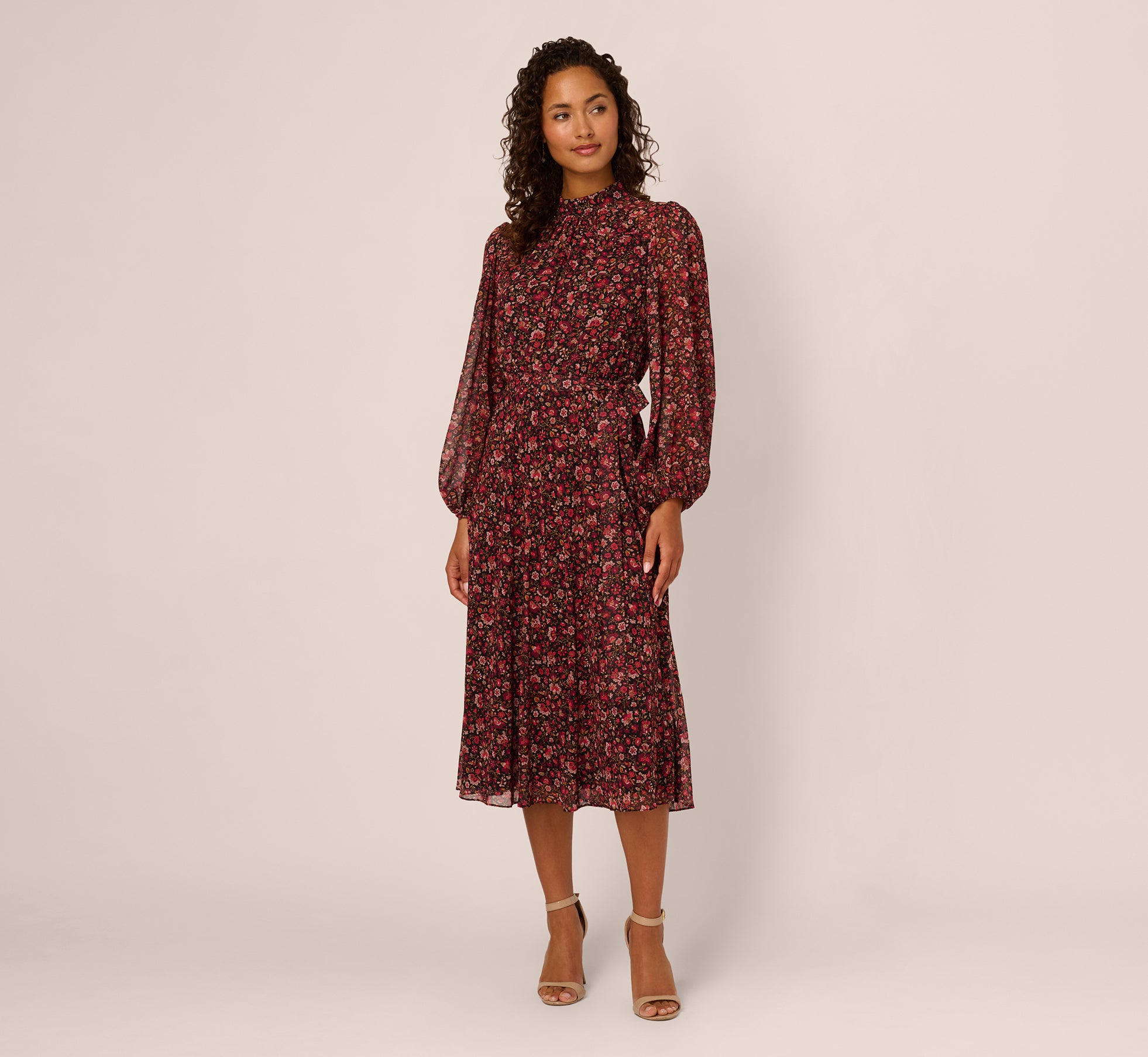 Long Sleeve Ditsy Floral Chiffon Midi Dress In Black Multi、mySite、solidvoid