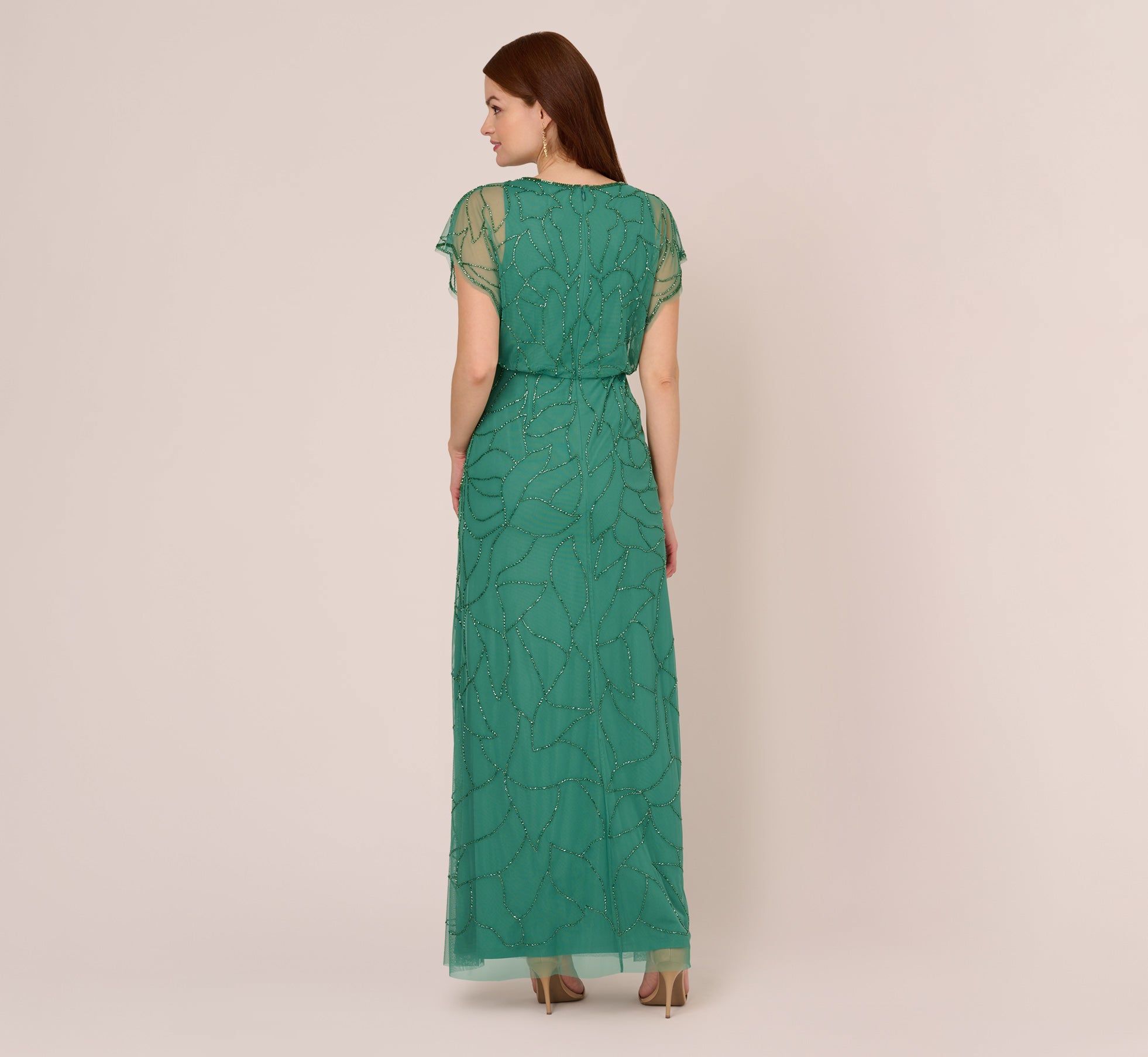 Beaded Blouson Mermaid Gown With Sheer Dolman Sleeves In Jungle Green、mySite、solidvoid