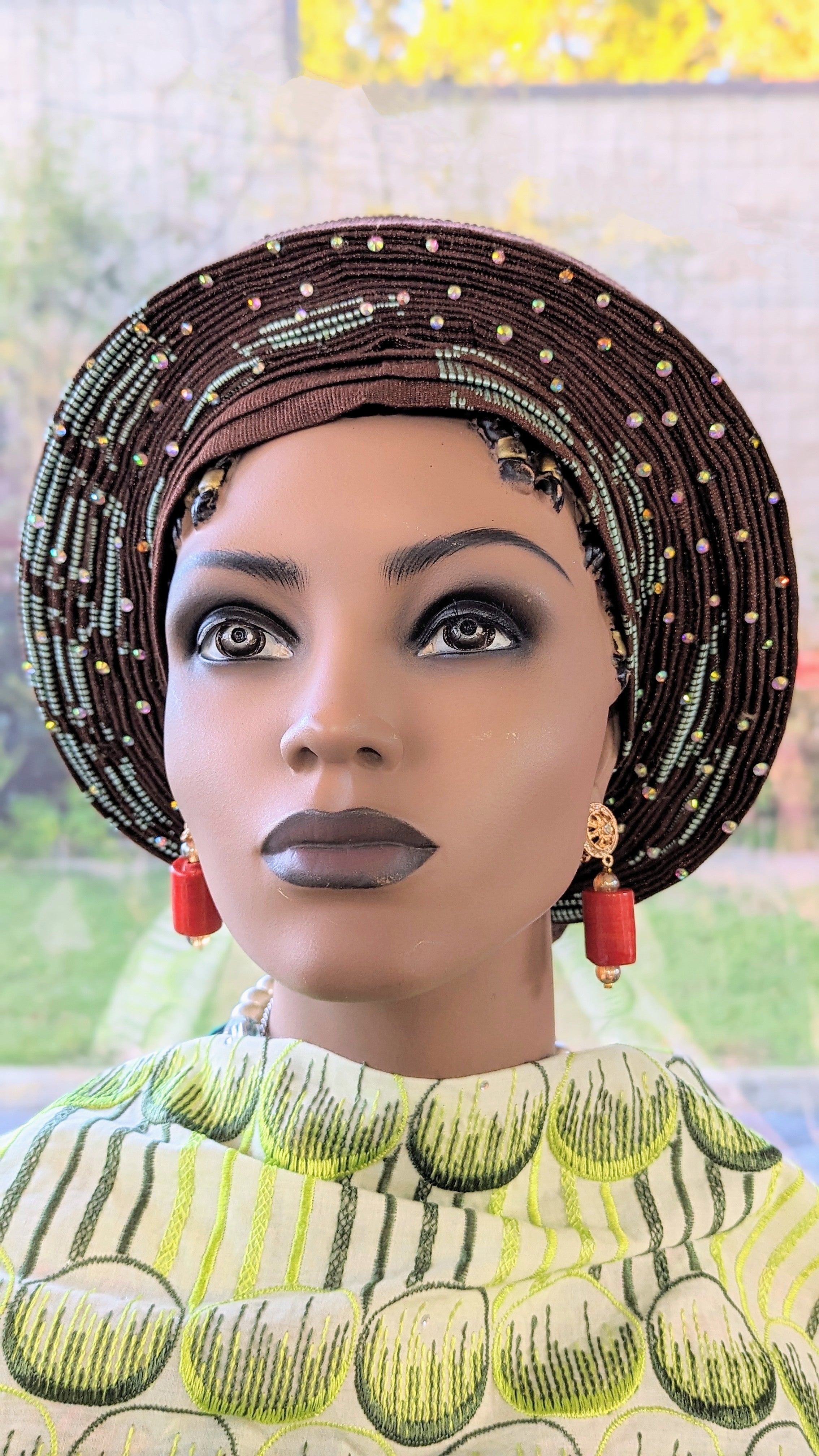 Chocolate-Brown Olamideh Pre-tied Aso Oke Head tie head wrap AutoGele with Mint-Green patterns-DPACBMG11、mySite、solidvoid