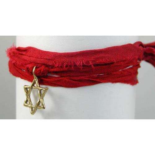 Amery Carriere Red Sari Wrap Bracelet with Brass Star of David Charm、mySite、topwebapps