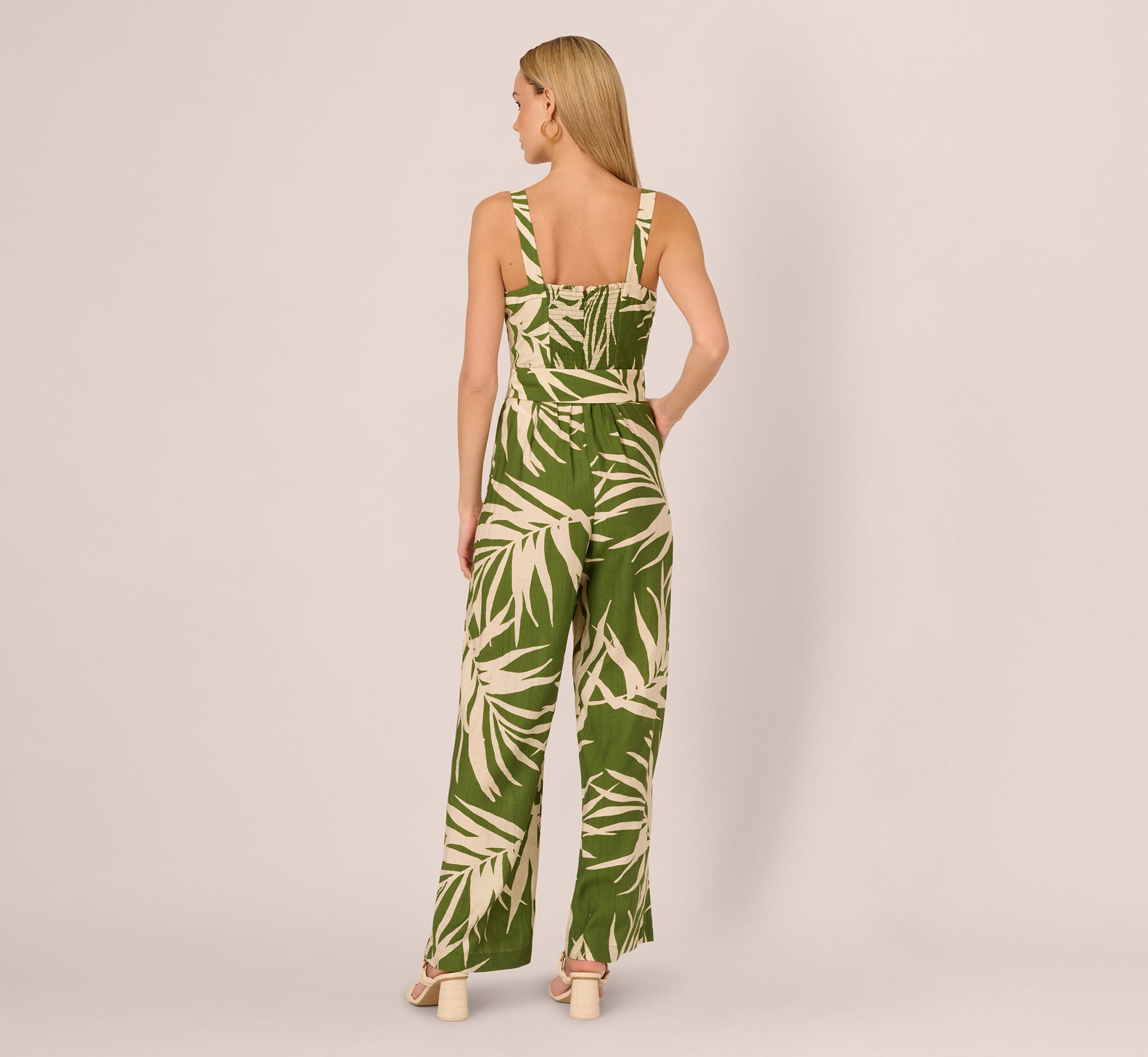 Sleeveless Palm Leaf Wide Leg Jumpsuit In Green Ivory、mySite、solidvoid