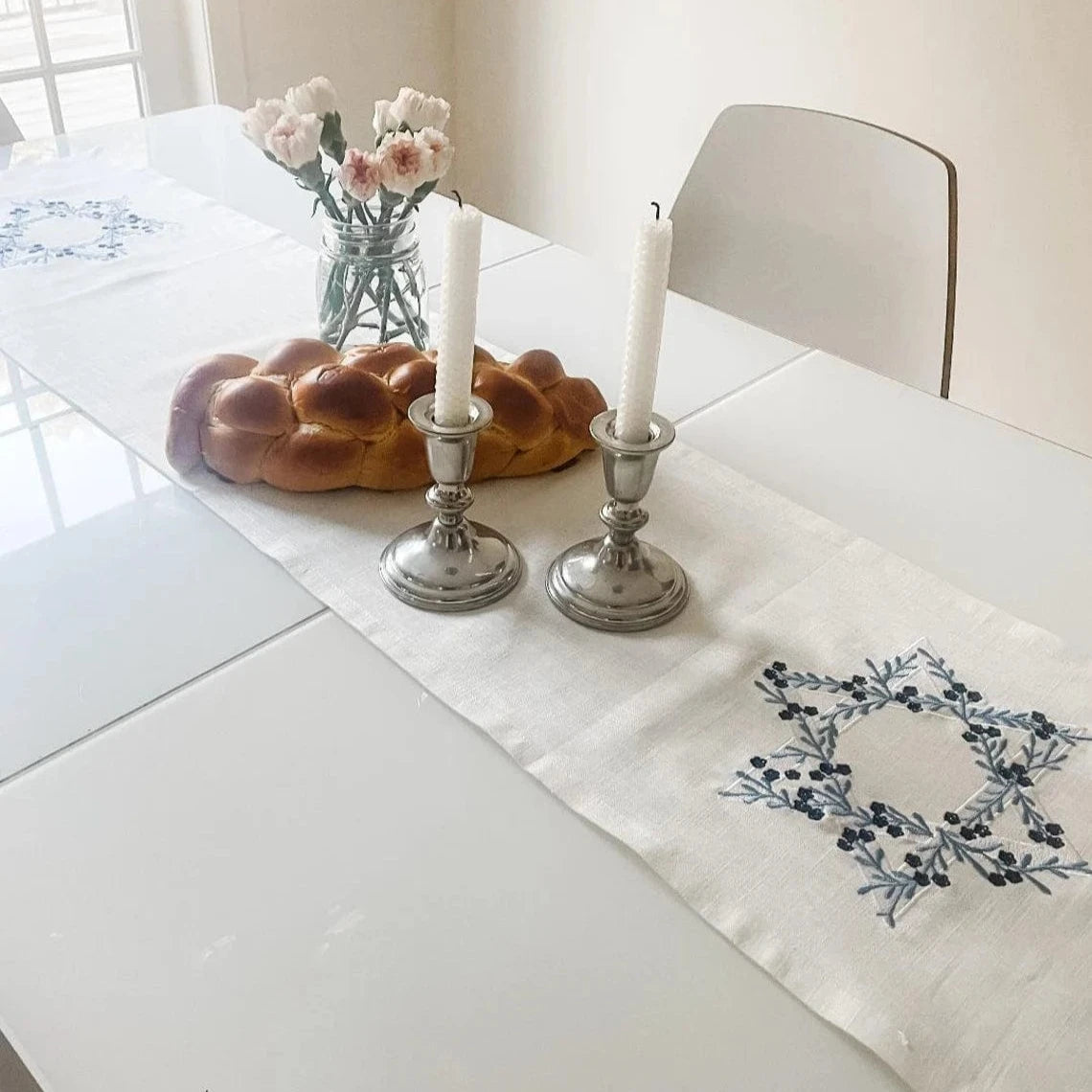 Ivory Linen Table Runner with Floral Magen David、mySite、topwebapps