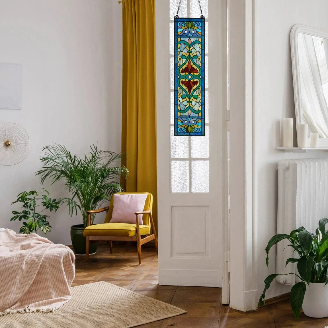 Lani Blue Victorian Stained Glass Window Panel 36H、mySite、g9winljtr