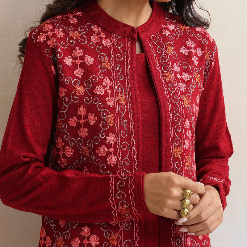 Woolen Kurta Set For Women | Kurta, Pyjama & Jacket | Embroidered | Maroon、mySite、camillekostekn
