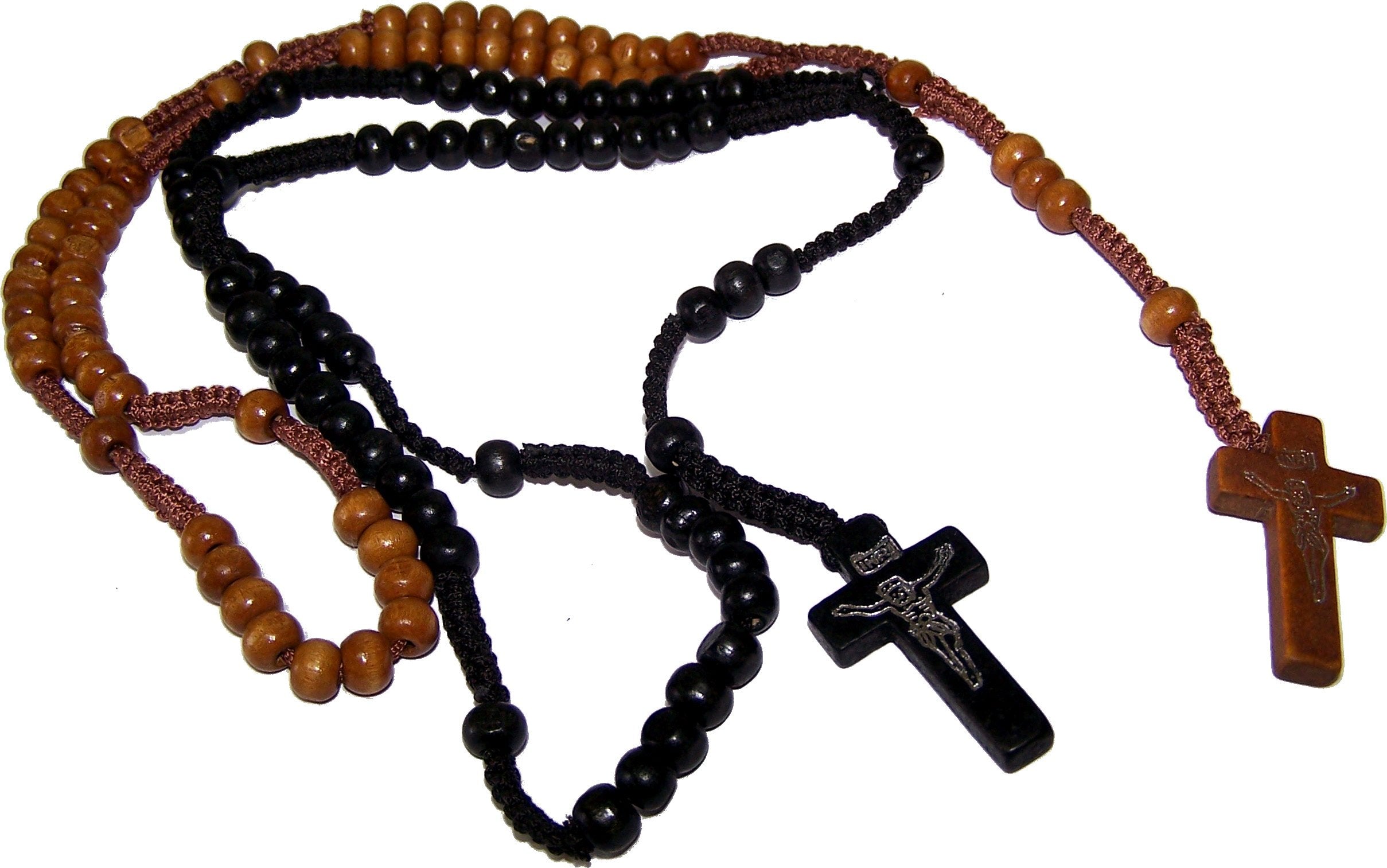  Two Rosaries with Velvet Bags : Black, Tan or Light Brown Colored Wooden Beads Rosary Necklaces with Jesus Imprint Cross、mySite、elrpsem3k