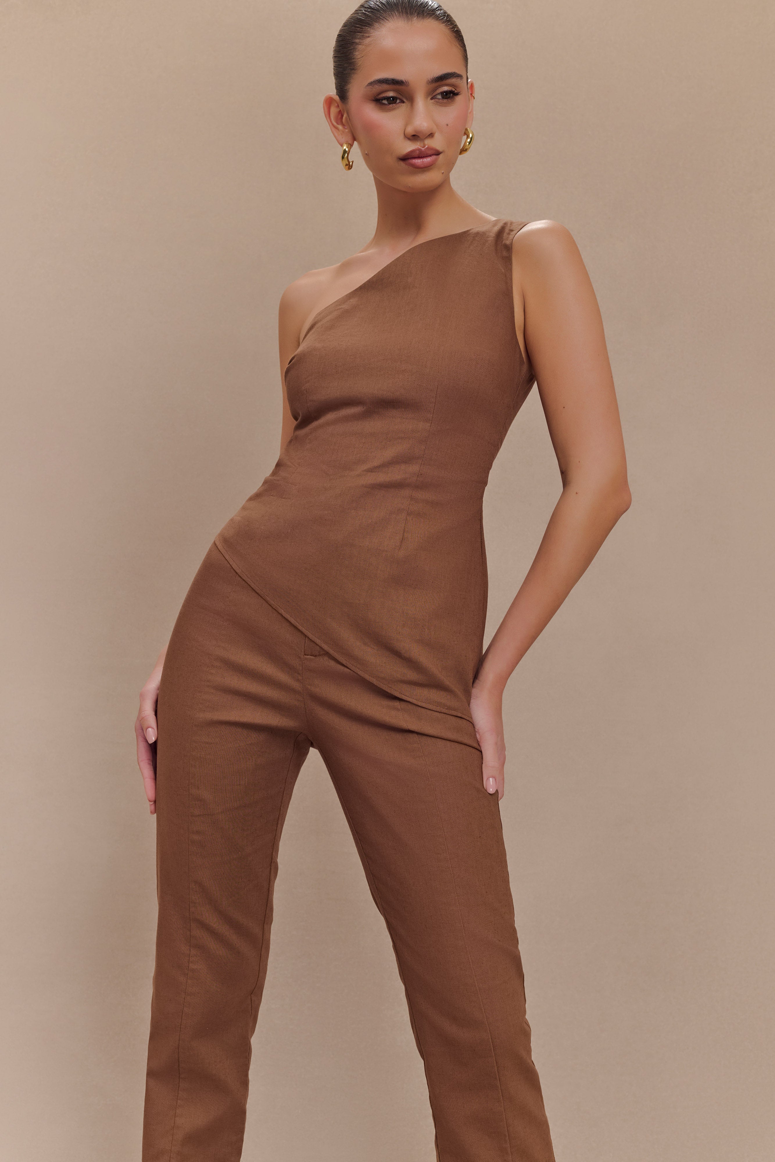 Dora Linen One Shoulder Top - Cacao Brown、mySite、solidvoid