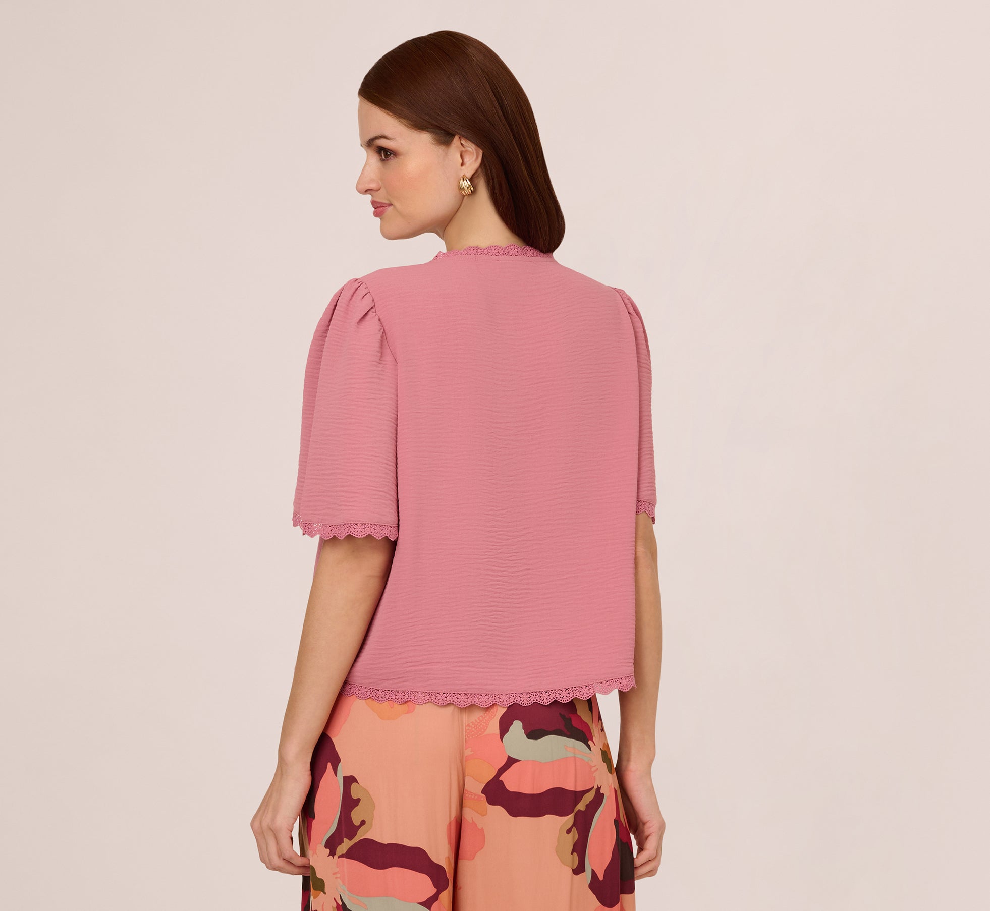 Short Sleeve Crochet Trim Top In Mesa Rose、mySite、solidvoid