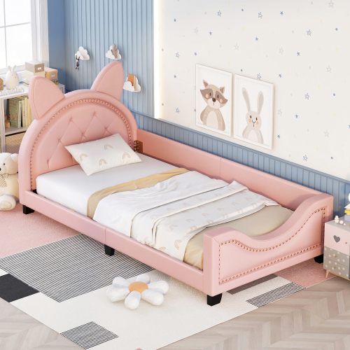 Twin Size Upholstered Daybed with Carton Ears Shaped Headboard, Pink、、casual