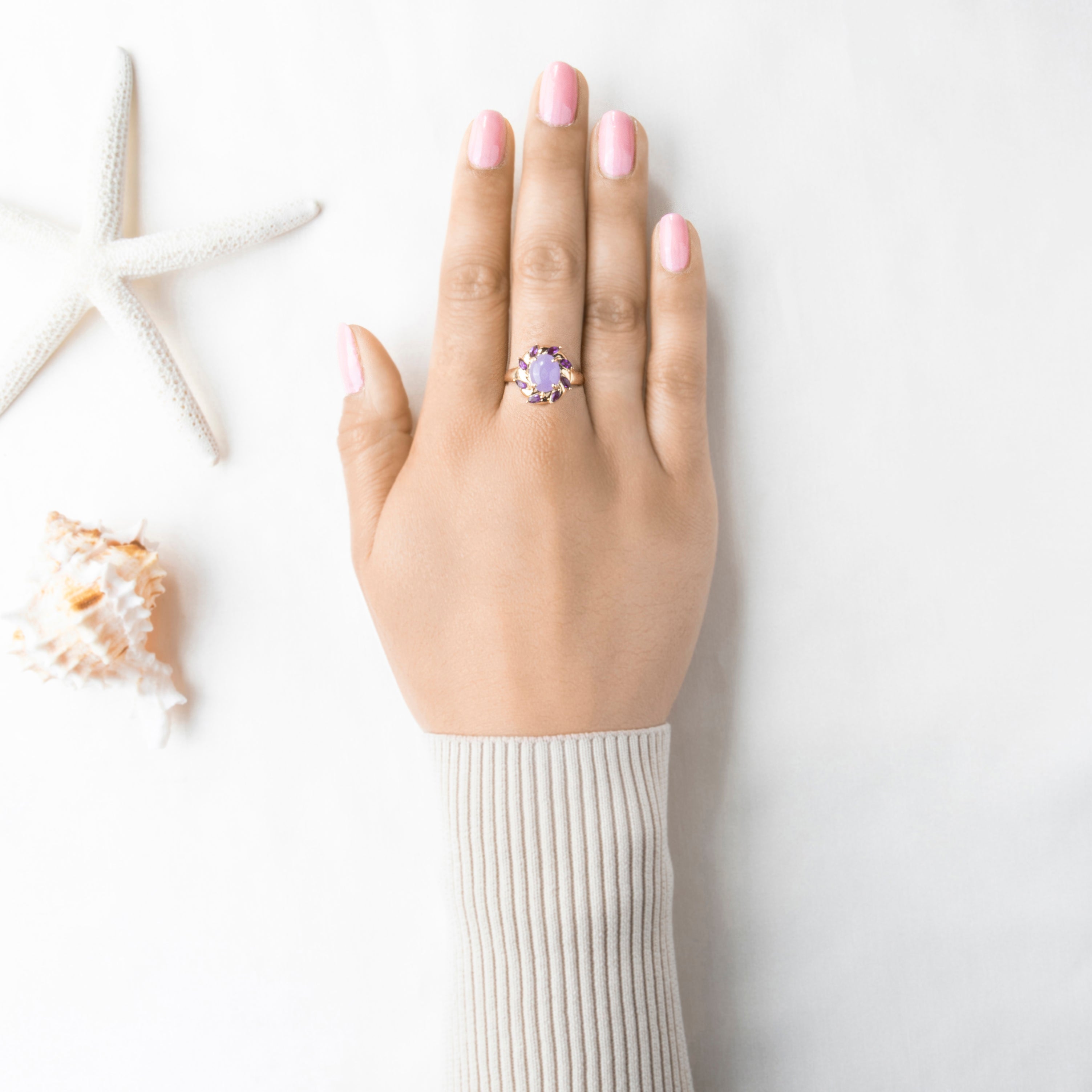 Vintage 14k Yellow Gold 2.42ct Lavender Jade Amethyst Twisting Halo Ring、mySite、hinf8tx79