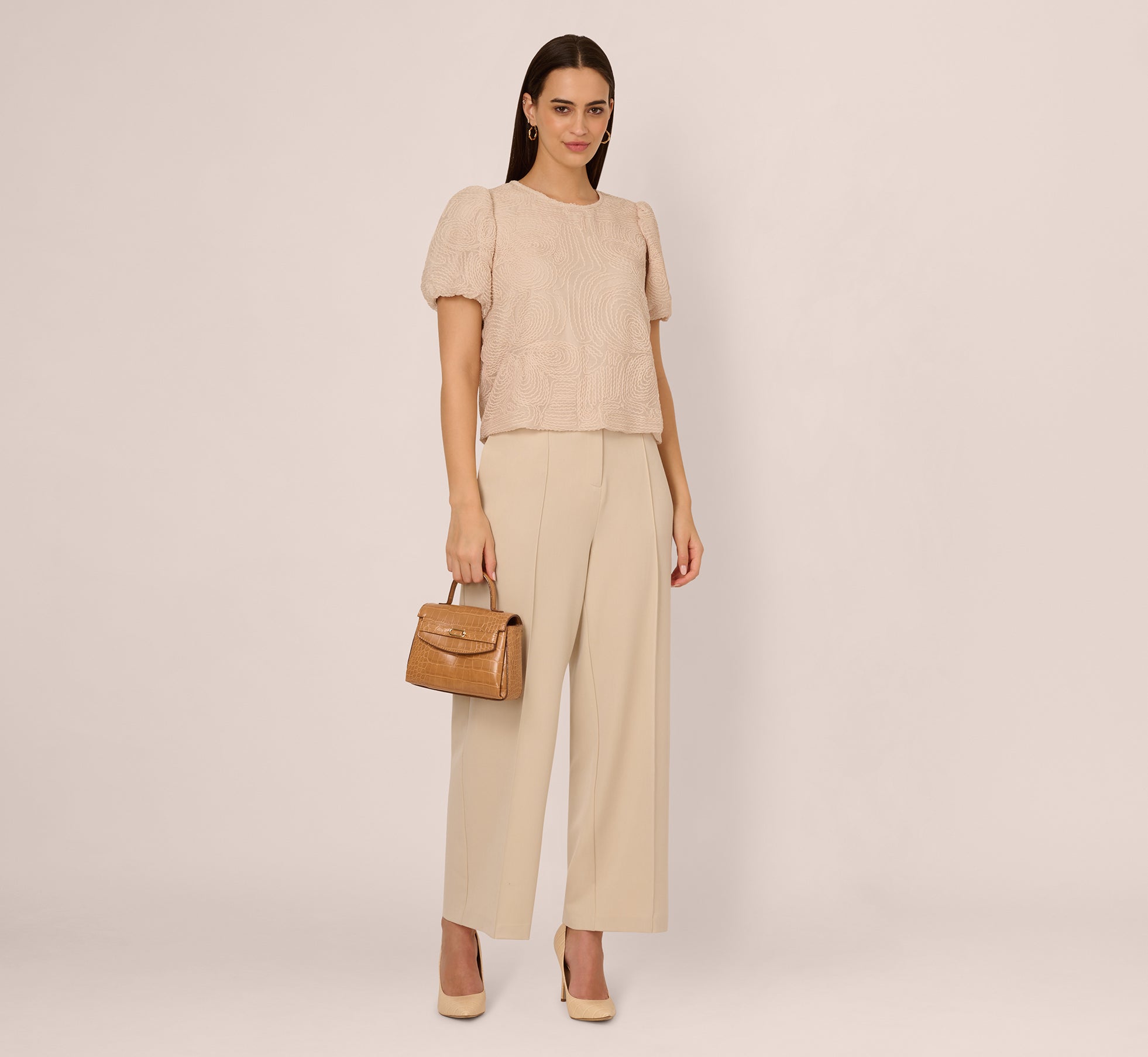 Short Sleeve Embroidered Bubble Top In Light Apricot、mySite、solidvoid