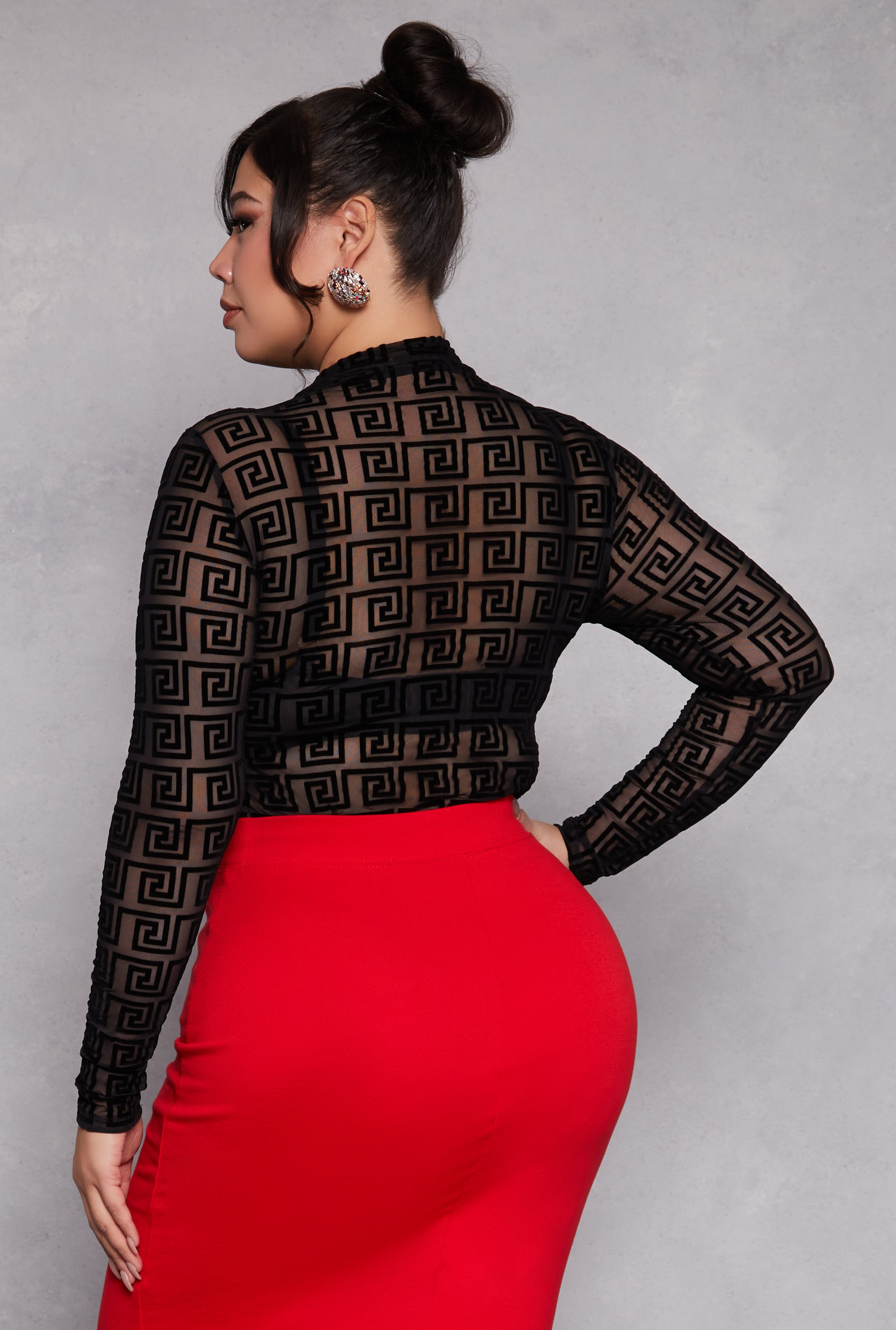 Plus Size Mesh Velvet Burnout Greek Key Bodysuit、mySite、camillekostekn