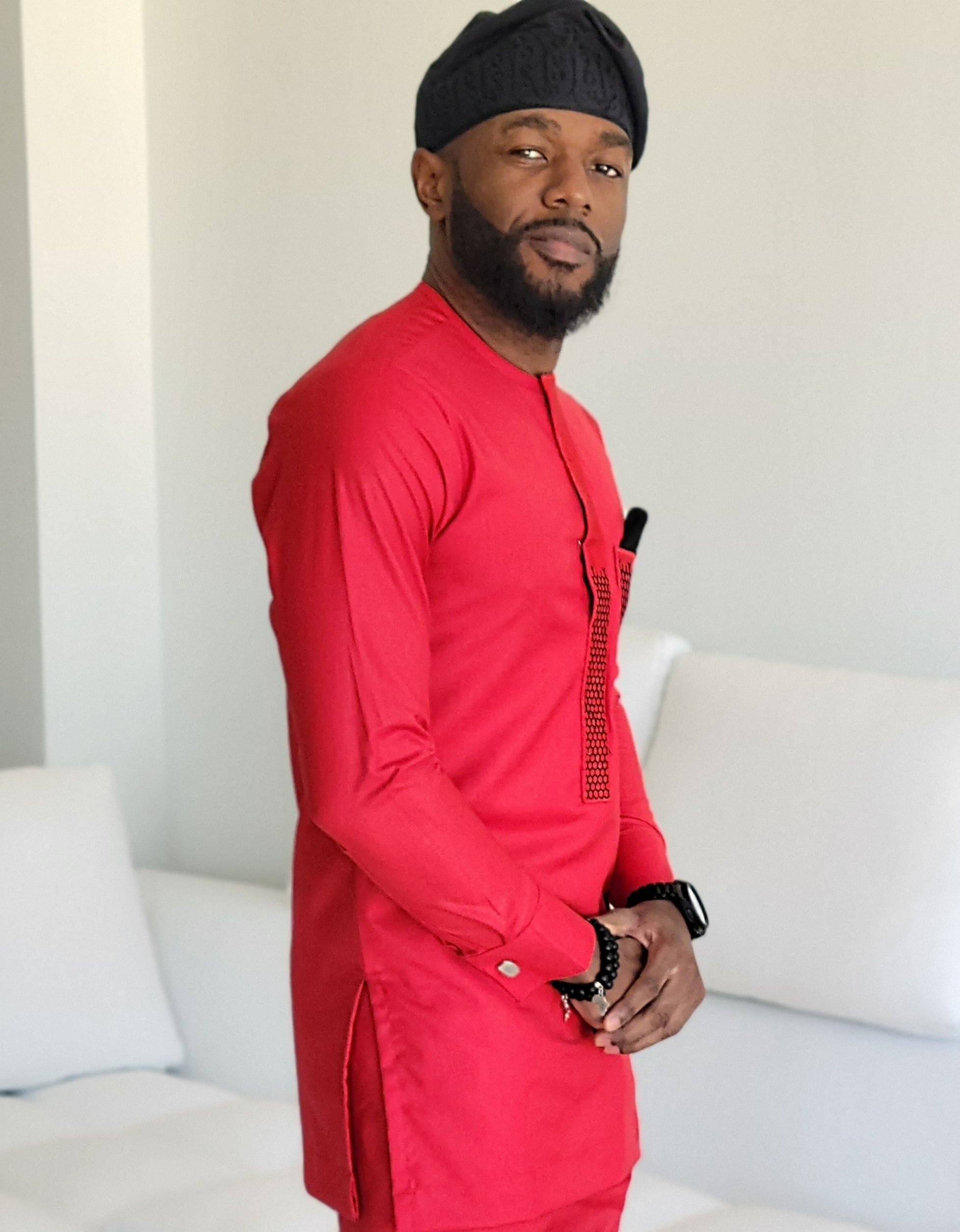 Dupsie's Akintoye Elegance Red Embroidered Dashiki Senator Shirt with plain draw string pants DPASRB43、mySite、solidvoid