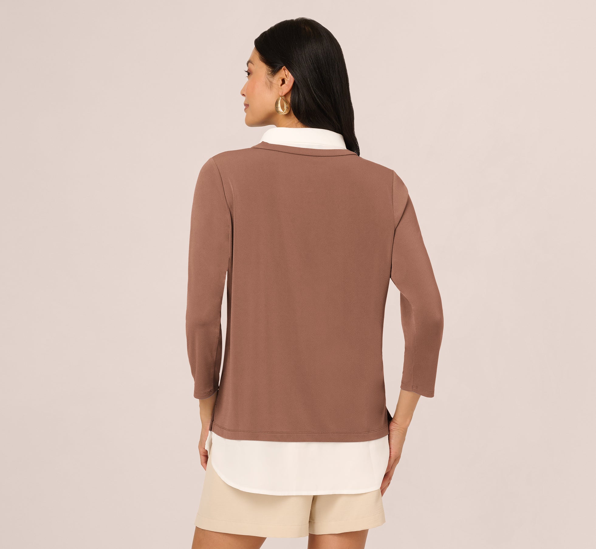 Three Quarter Sleeve Collared Twofer Sweater In Elderberry Ivory、mySite、solidvoid
