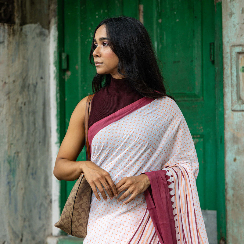 Cotton Saree | Hand Block Print | White & Pink、mySite、camillekostekn
