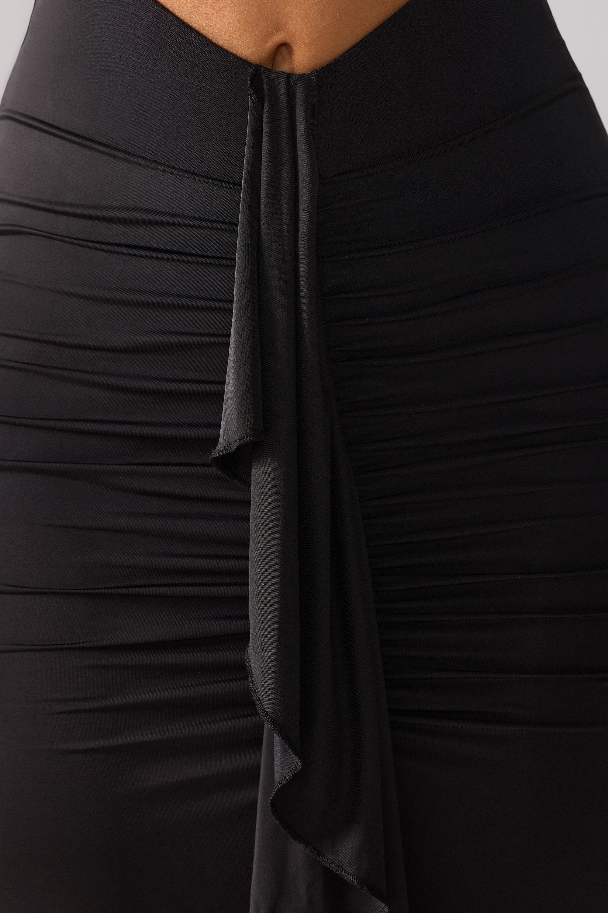 Slinky Jersey Cut Out Ruffle Racerback Maxi Dress in Black、mySite、solidvoid