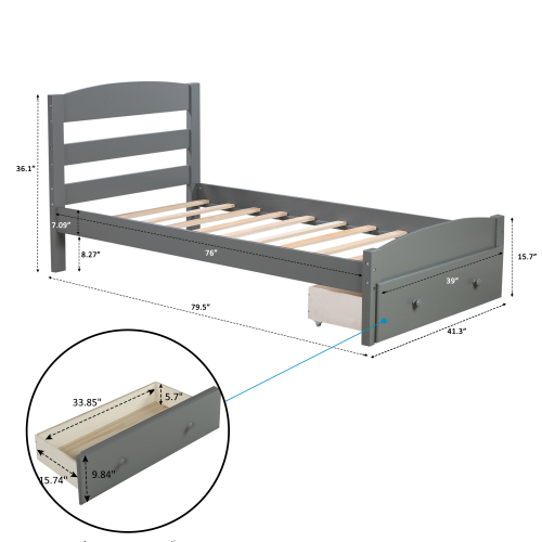 Platform Twin Bed Frame with Storage Drawer and Wood Slat Support No Box Spring Needed, Walnut、、casual