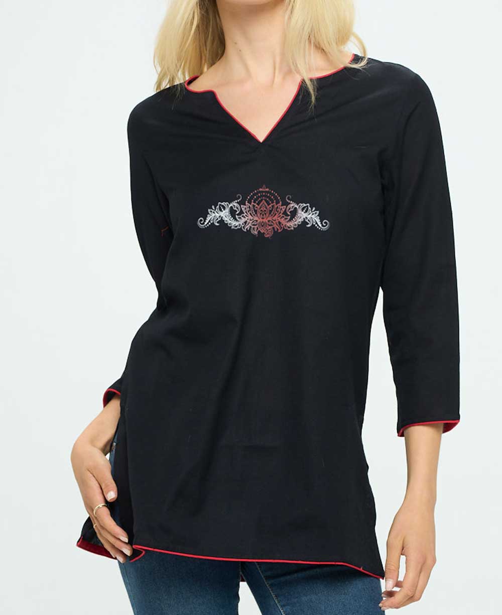 Black Cotton Tunic Top with Meaningful Lotus Design、mySite、topwebapps