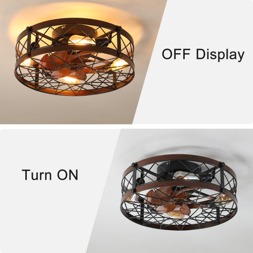 Caged Ceiling Fans with Lights Black, 20 inch Flush Mount Ceiling Fan Light, Farmhouse Small Ceiling Fan with Light Fixture, Reversible Fan for Bedroom (Including E26 bulbs)、、eastwooduniform