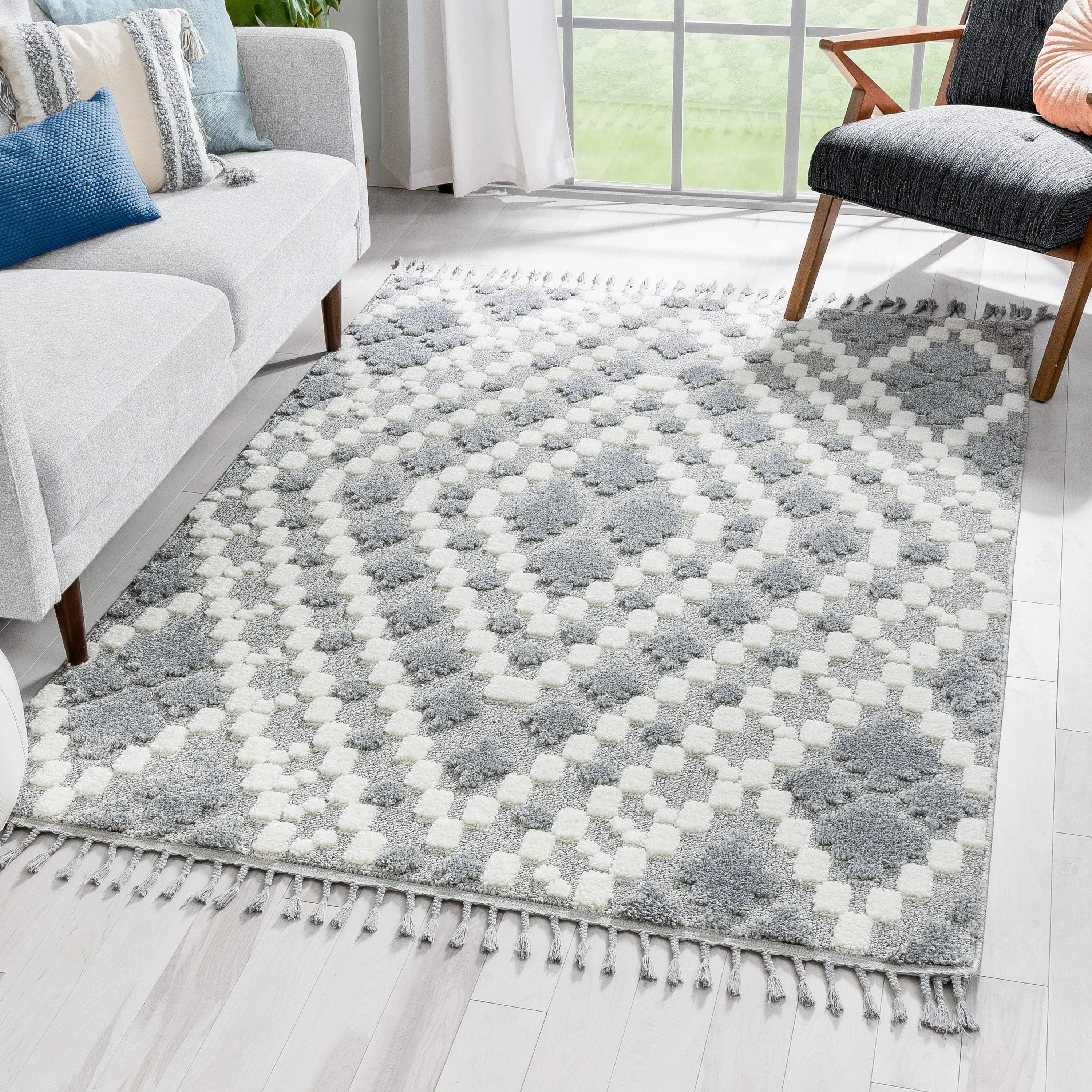 Melanie Contemporary Medallion Diamond Pattern Grey Cream High-Low Textured Rug、mySite、gigharbornorthrealestate