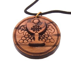 Eucharist - Wine and Bread - 2-Layers Olive Wood Laser Necklace (Pendant is :.、mySite、topwebapps