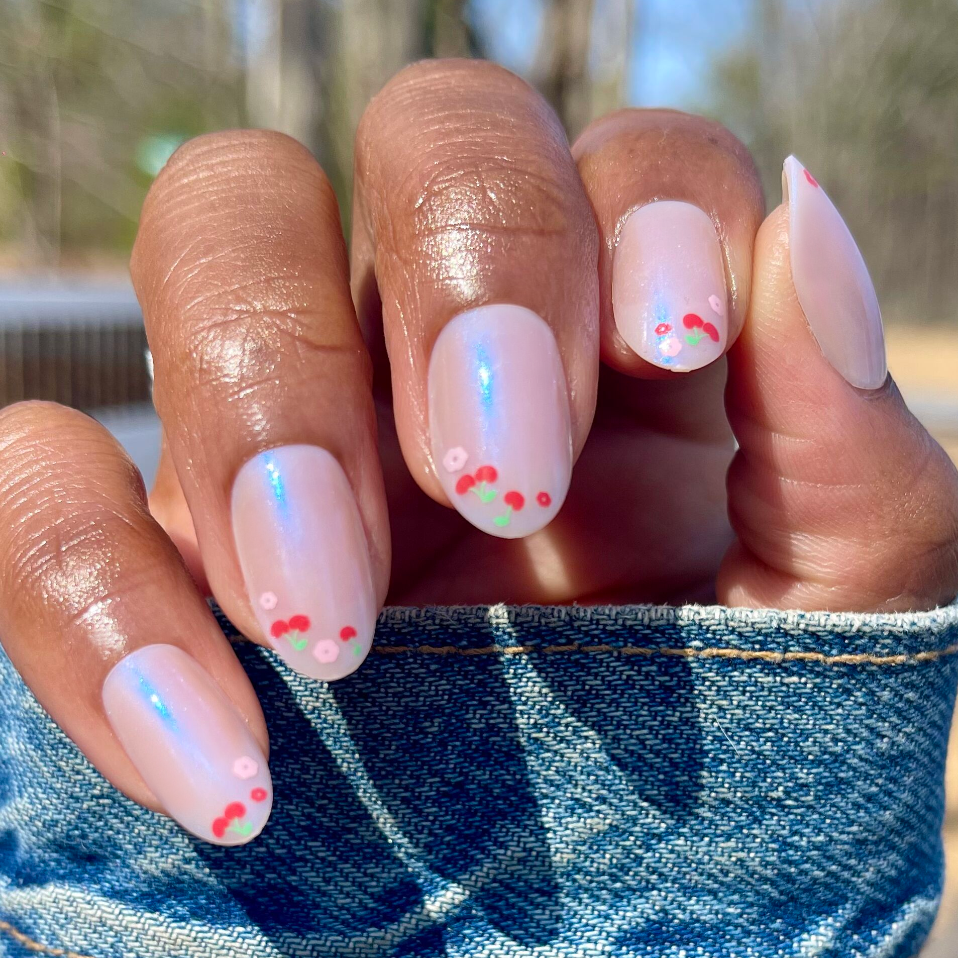 Cherry Floral Chrome French - Press-On | Medium | Oval、mySite、solidvoid