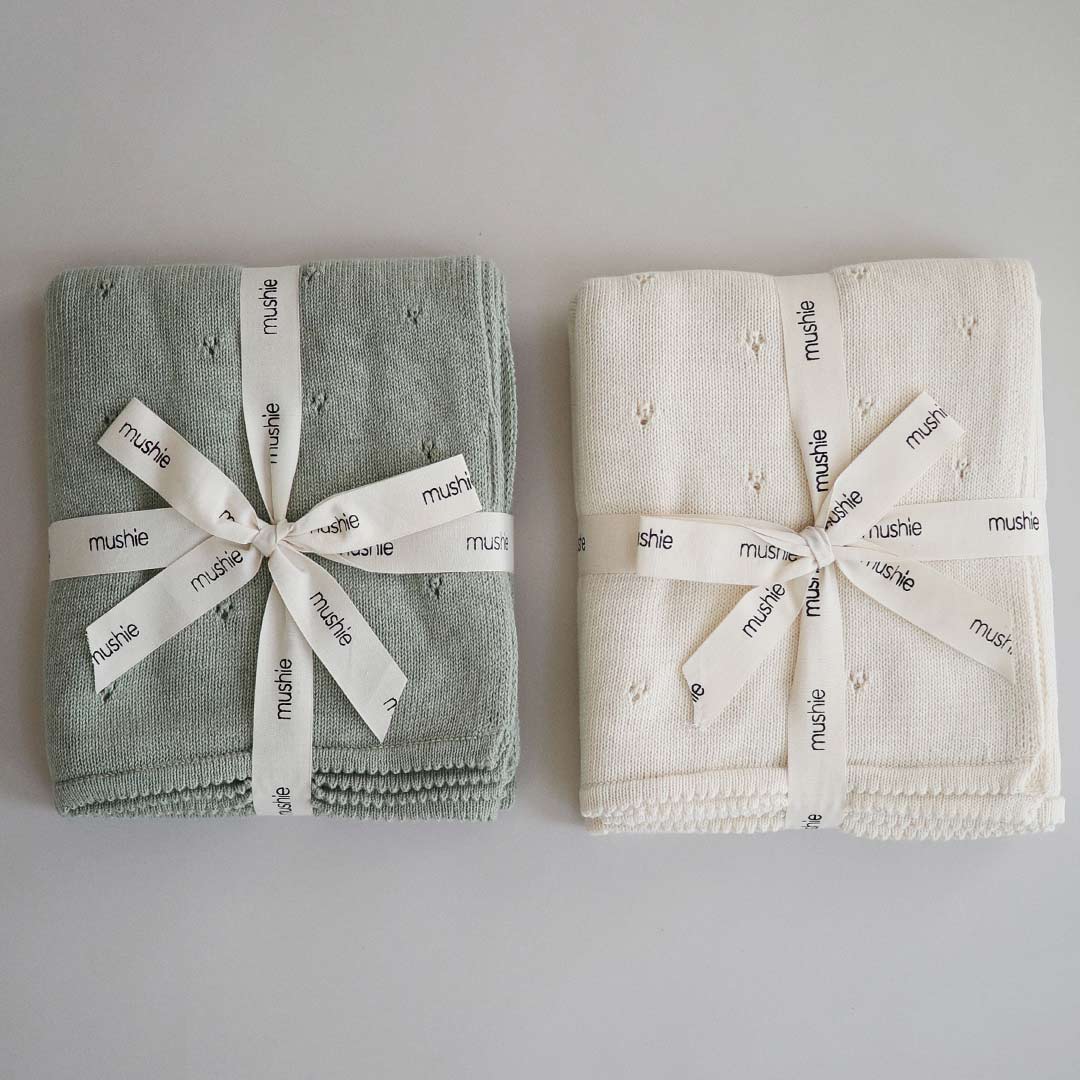  Mushie Knitted Baby Blanket - Pointelle/Sage Melange、mySite、merchandisen