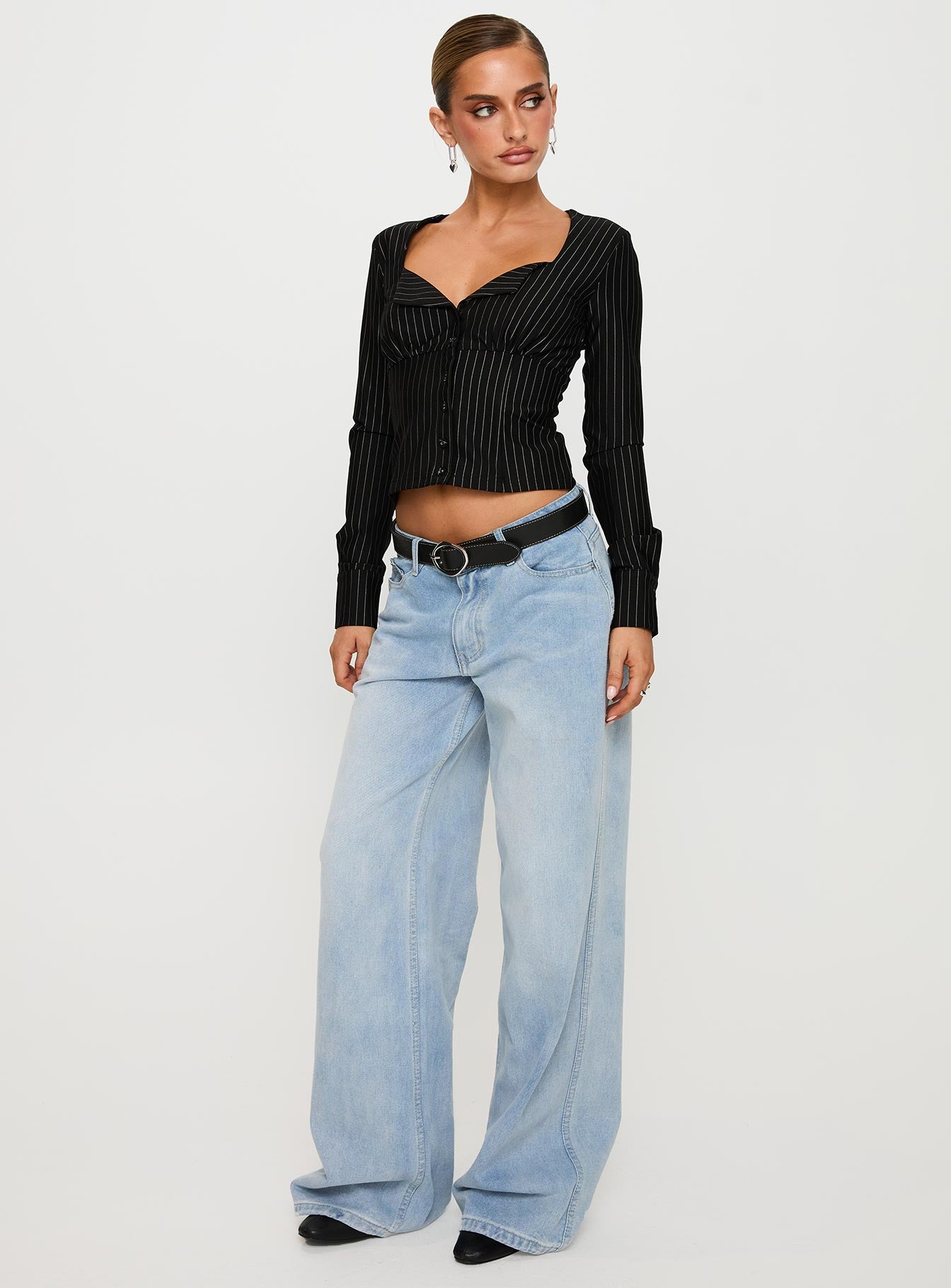 Set For Life Foldover Detail Long Sleeve Top Black / White Pinstripe、mySite、solidvoid