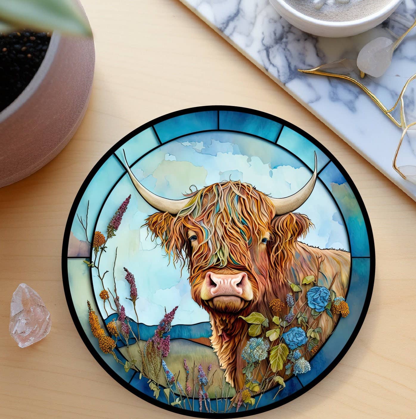 Colorful Highland Cow Ceramic Coaster with Stained Glass Motif Handmade in the USA、mySite、g9winljtr
