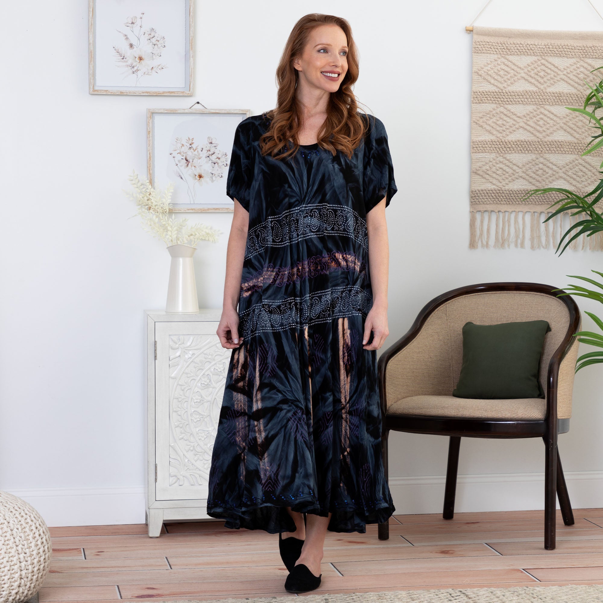 Black Tie-Dye & Paisley Short Sleeve Dress、mySite、camillekostekn