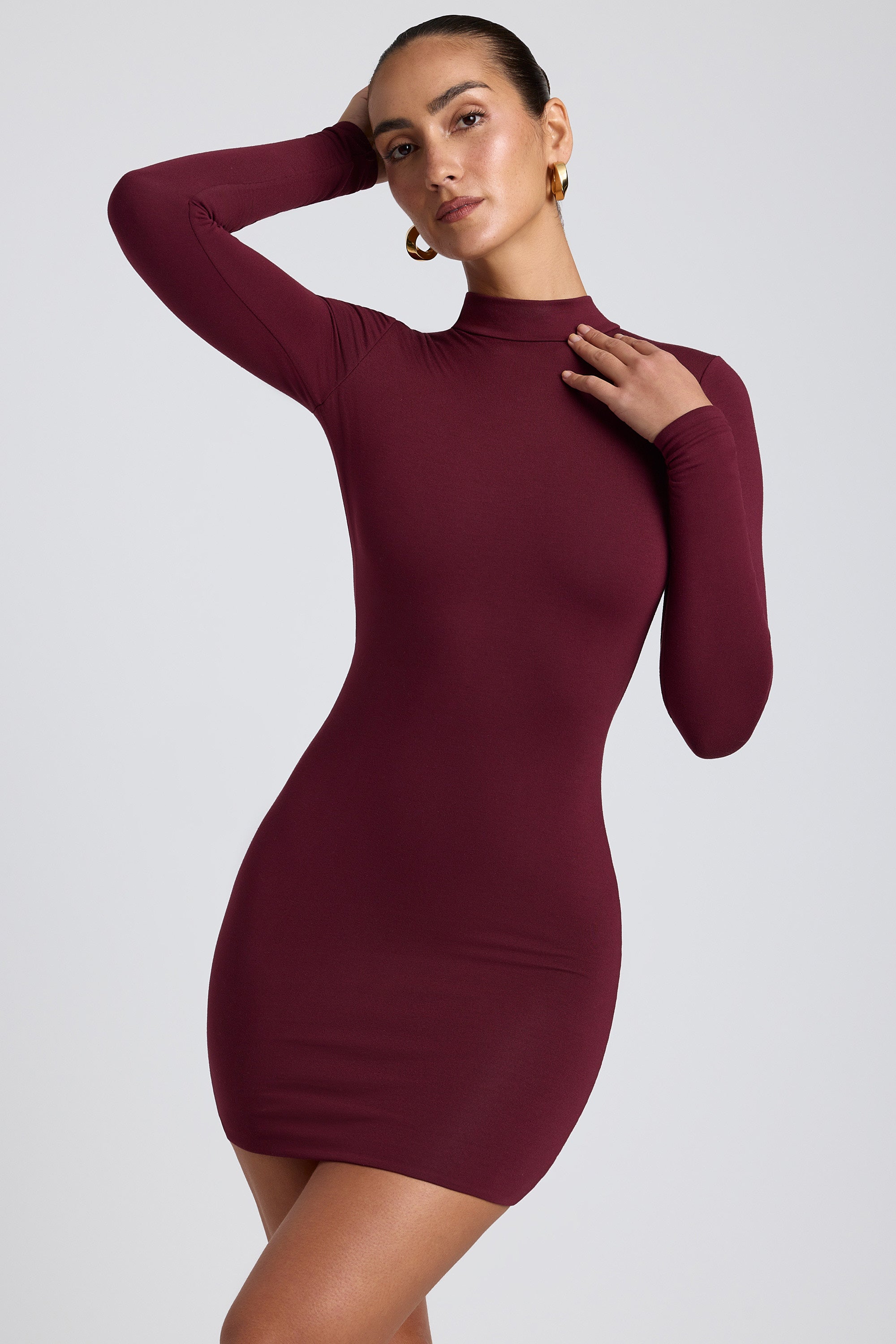 Modal Open-Back Long-Sleeve Mini Dress in Plum、mySite、solidvoid