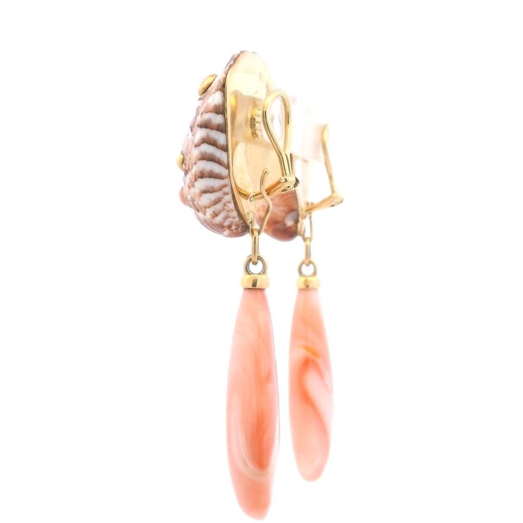 Estate 18K Yellow Gold Natural Seashell & Coral Drop Earrings、mySite、botmansion