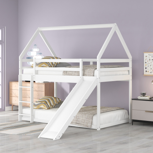 Twin Size Bunk House Bed with Slide and Ladder,White、、casual