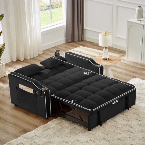 1 versatile foldable sofa bed in 3 lengths, modern sofa sofa sofa velvet pull-out bed, adjustable back and with USB port and ashtray and swivel phone stand (black)、、casual