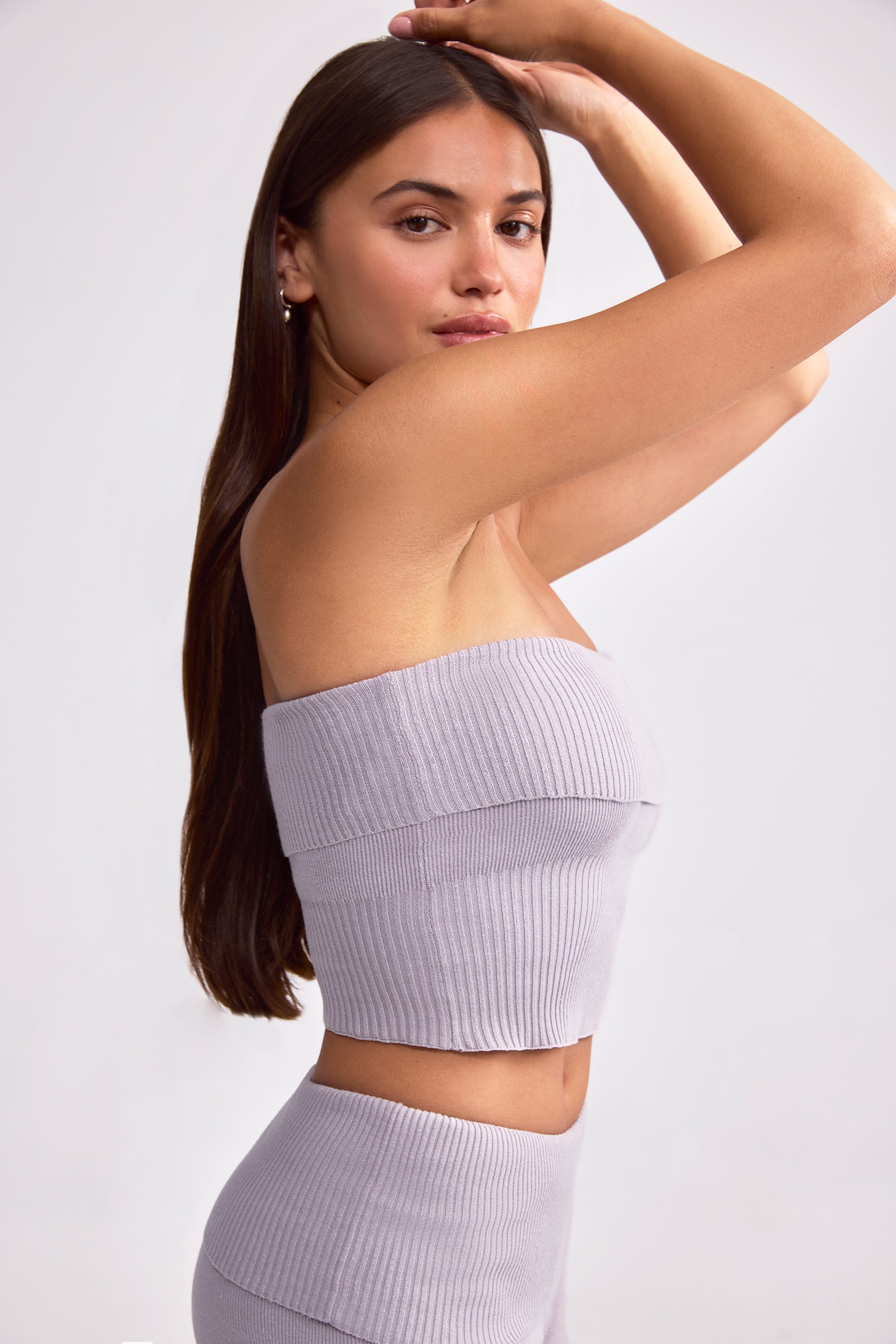 Bandeau Chunky Knit Crop Top in Dusty Lavender、mySite、solidvoid