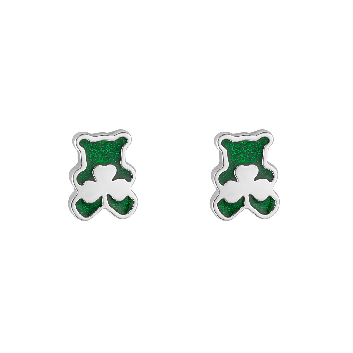  Silver Enamel Shamrock Teddy Bear Earrings